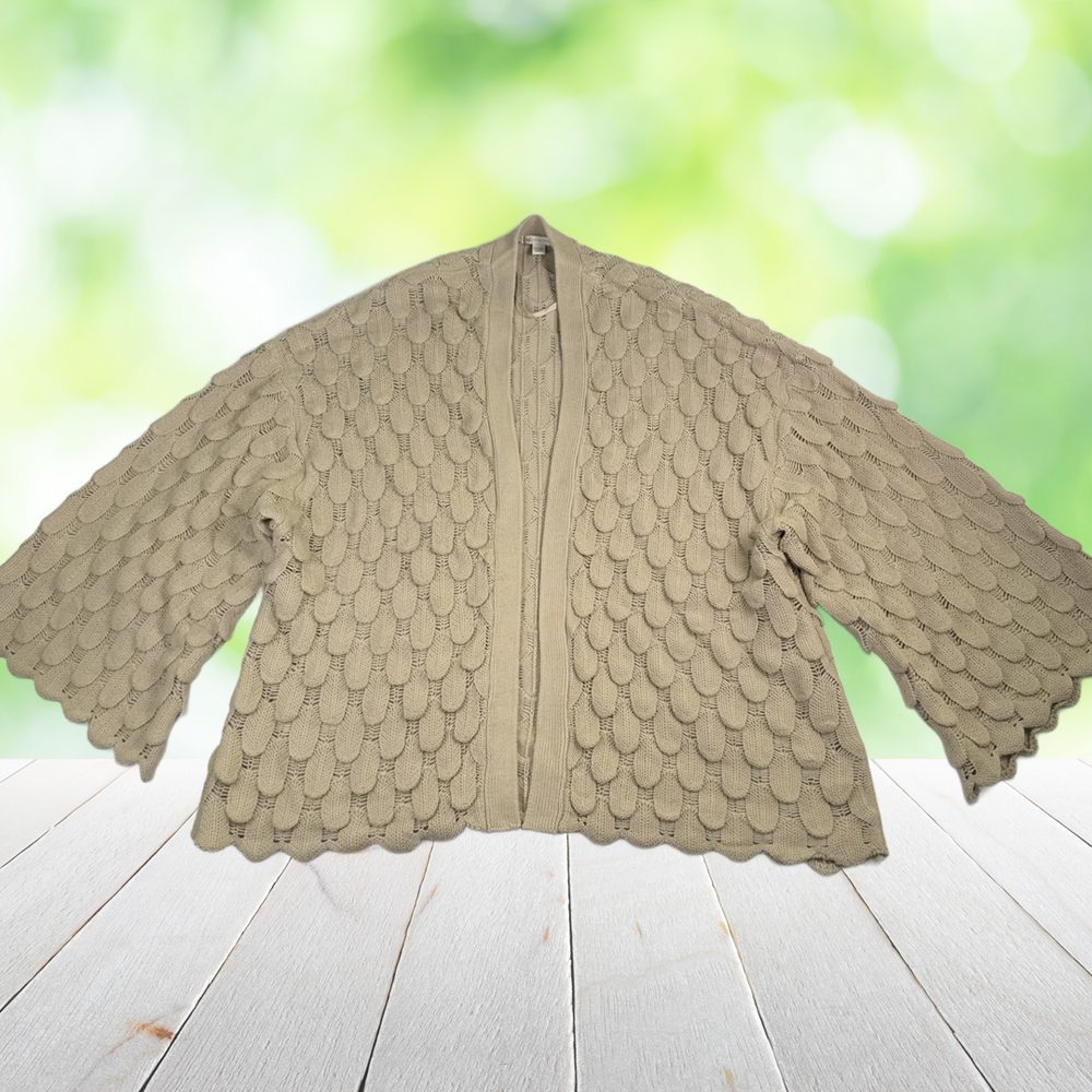 CATO Kimono Cardigan Scallop Knit Open Front Bell Sleeve Boho Sand Beige Plus 2X